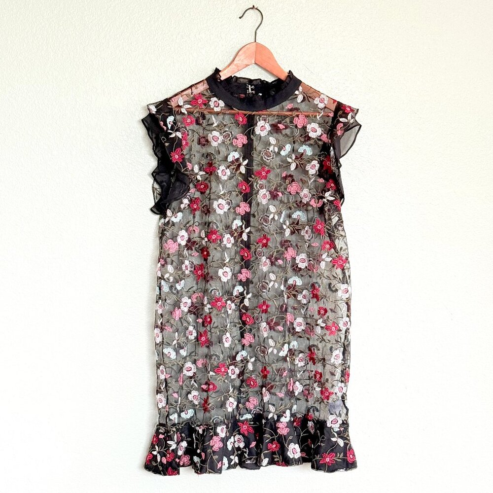 CeCe Sheer Embroidered Floral Mini Ruffle Dress Size L-XL - Picture 3 of 17
